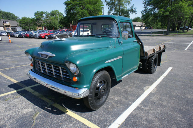 1955 CHEVY 3800 1 TON FLAT BED VERY SOLID, RUST FREE.